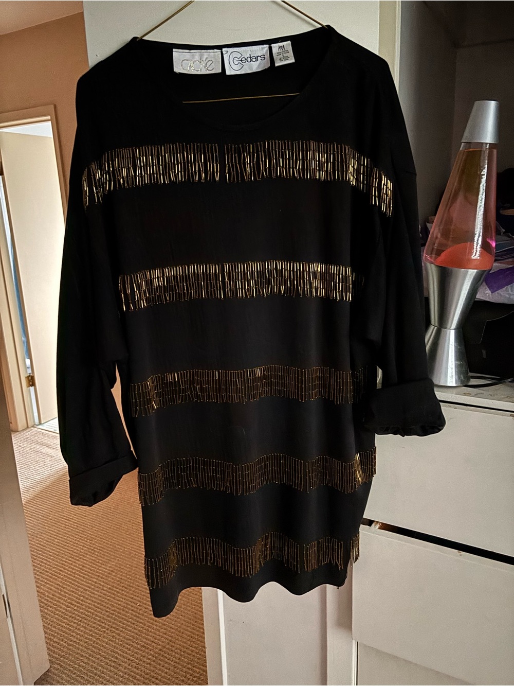 Caché black top with Gold fringes Lg